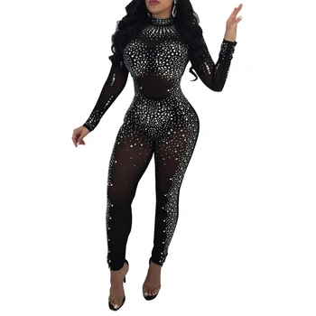 

Sexy Nightclub Perspective Outfit Mesh Crystal See Through Jumpsuits