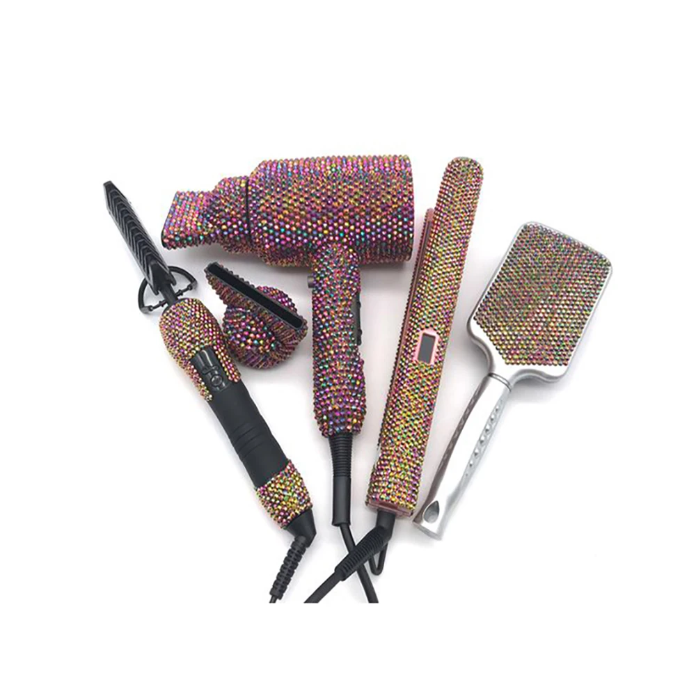 Hair Styling Appliances 4 Piece Stylist Heating Plate Hair Straightener Hot Comb Blow Dryer Kit with Bling Rhinestones 4