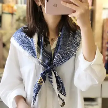 

90cm square scarf 100% silk twill blue fringe fashion designer scarves spring wrap shawl women neck foulard luxury silk scarfs