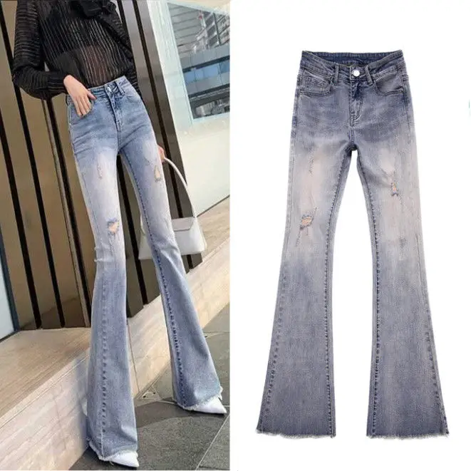 Vintage Blue High Waist Micro Slim Flared Ripped Jeans For Women Casual Trumpet Denim Long Pants Streetwear Fishtail Trousers