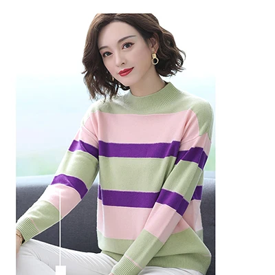 Зимний осенний свитер, вязаный женский пуловер в полоску, новинка, длинный рукав, женский свитер, теплая свободная одежда, женские джемперы - Цвет: green