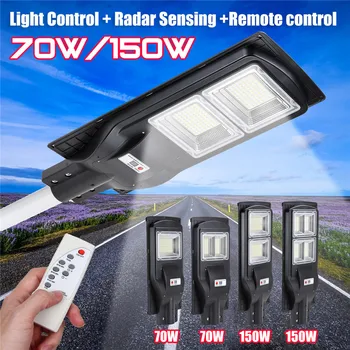 

70W 150W LED Solar Street Light Wall Lamp Light+Radar Sensing with Remote Control Waterproof Outdoor Garden Fence Timer Lamp