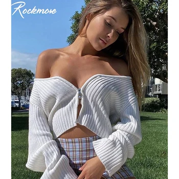 

Rockmore Open Stitch Ribbed Low Cut Sexy Tshirts For Women Plus Size Street Wear Crop Tops Long Sleeve Casual White Autumn Shirt