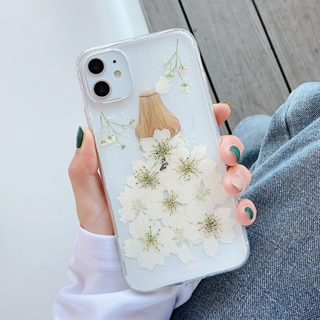 Glitter Real Dry Pressed Flower Phone Case For iphone 12 11 13 pro XS MAX x SE XR 7 8 plus Transparent Silicone Cover