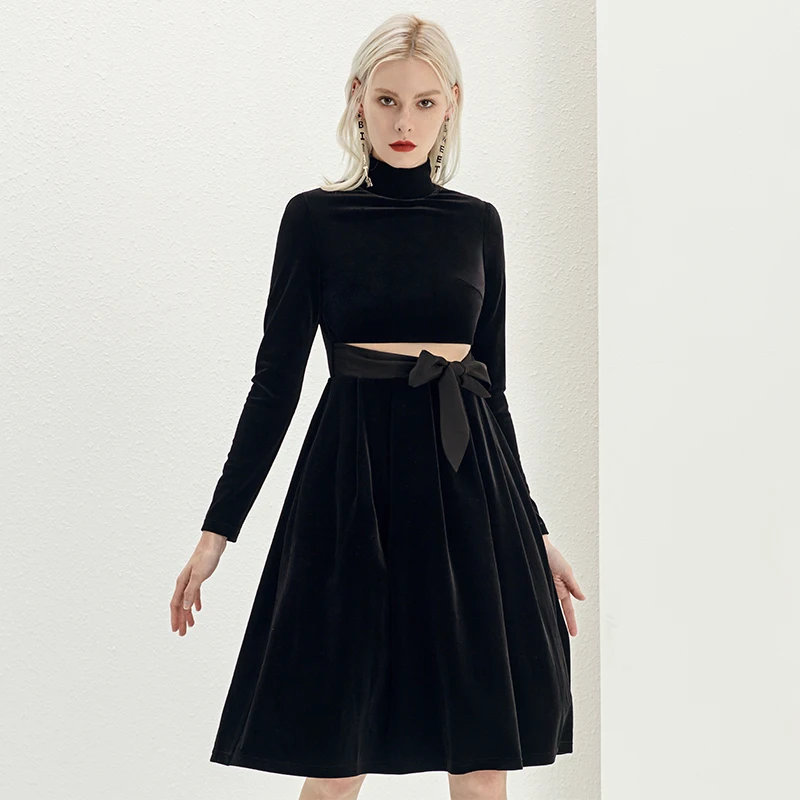 

YIGELILA New Arrivals Black Dress O-neck Full Sleeves Velvet Elegant Dress Empire Slim With Belt Solid Knee Length Dress 65388