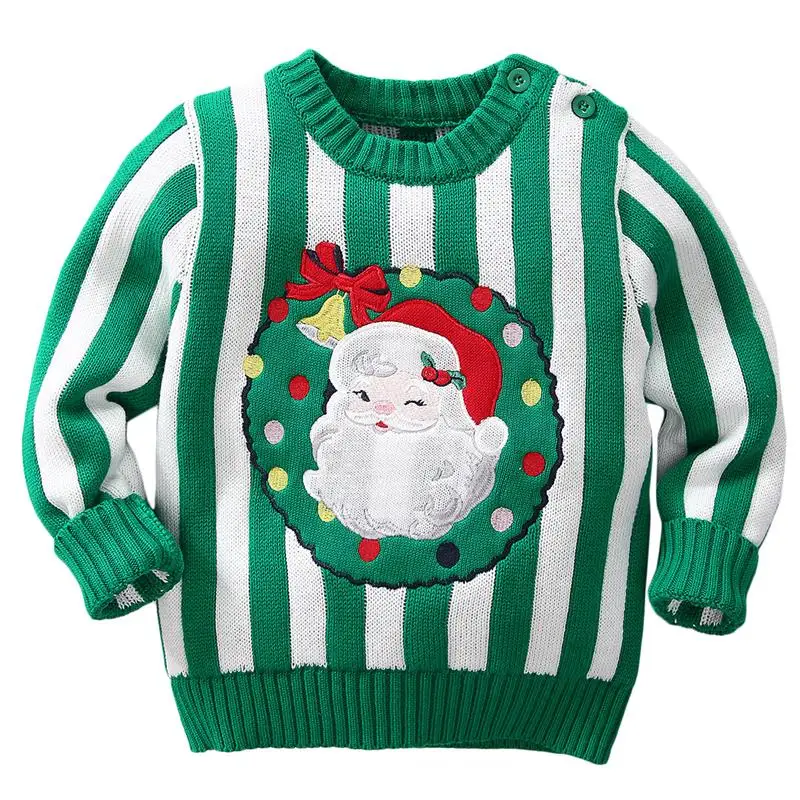 Famuka/Рождественская вязаная одежда для малышей Полосатые свитера для мальчиков и девочек кардиган с вышивкой Санта Клауса, детский вязаный пуловер - Цвет: Green