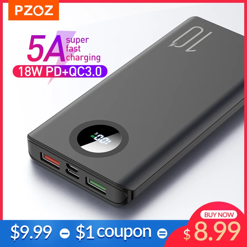 PZOZ 5A Power Bank 10000mAh Fast charging Mobile Phone External Battery Portable Charger 20000mAh PowerBank For iPhone Xiaomi Mi