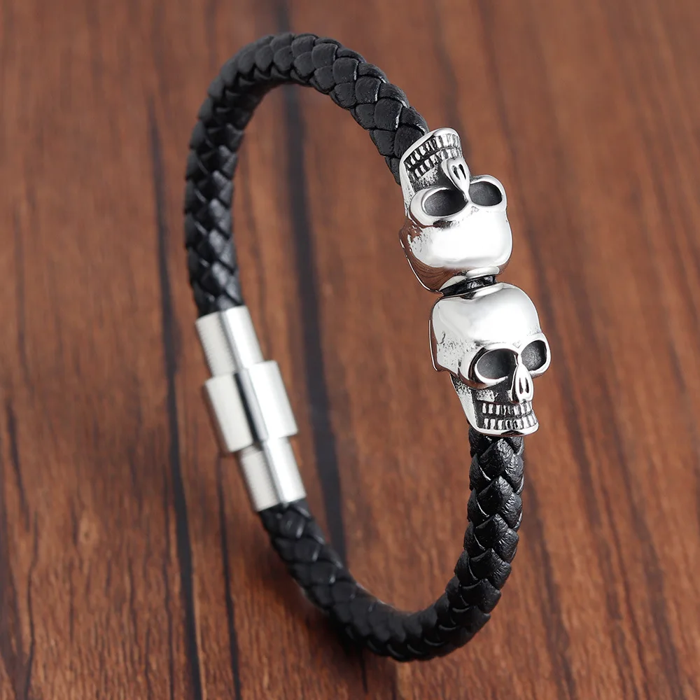 

Stainless Steel Men's Bracelet Leather Retro Titanium Skull Men Bracelets 2019 Charm Snap Button Jewelry Evil Eye Trendy