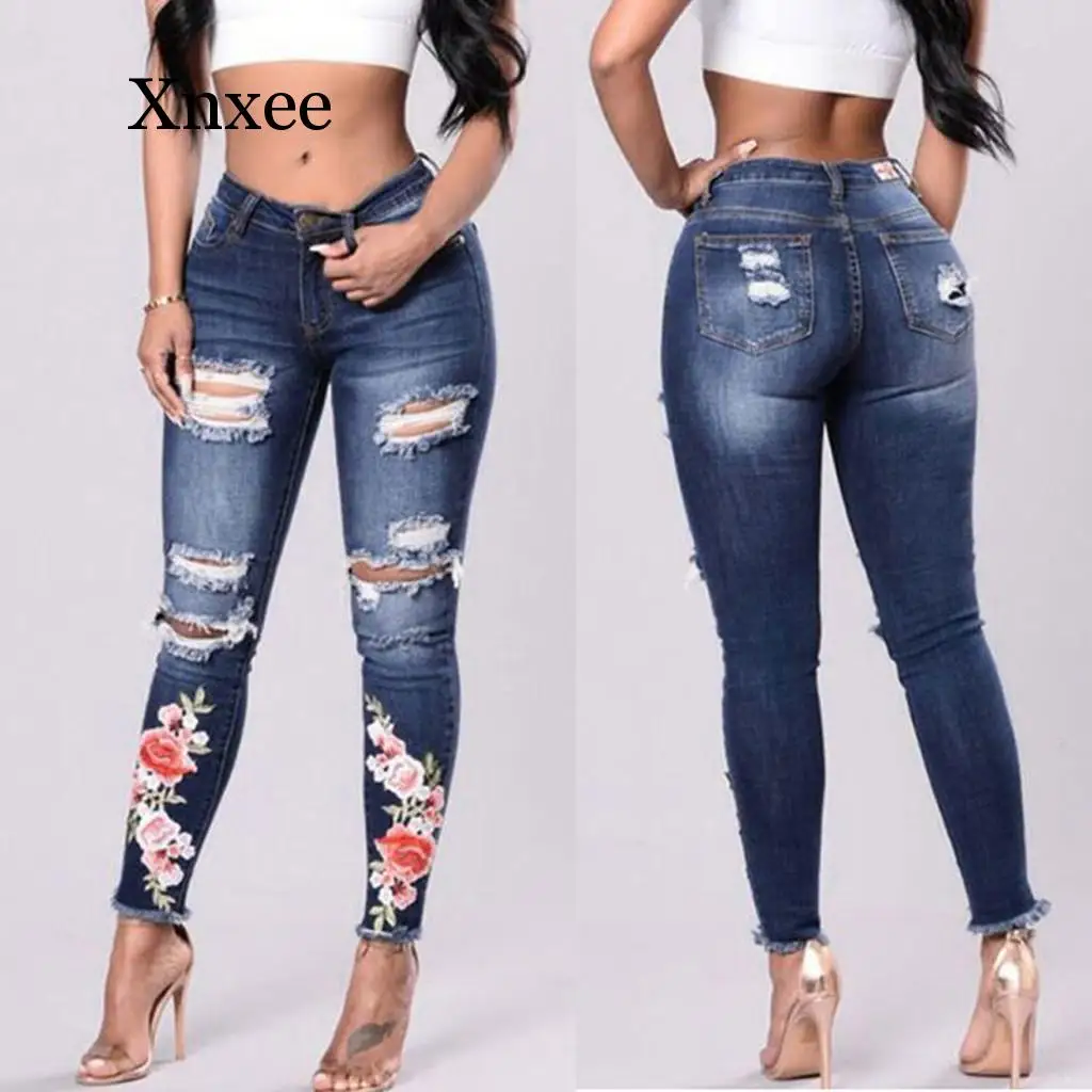 

Lady High Waist skinny jeans woman ripped Hole Denim Stretch Slim Pant Calf Embroidery Length Jeans pantalones vaqueros mujer