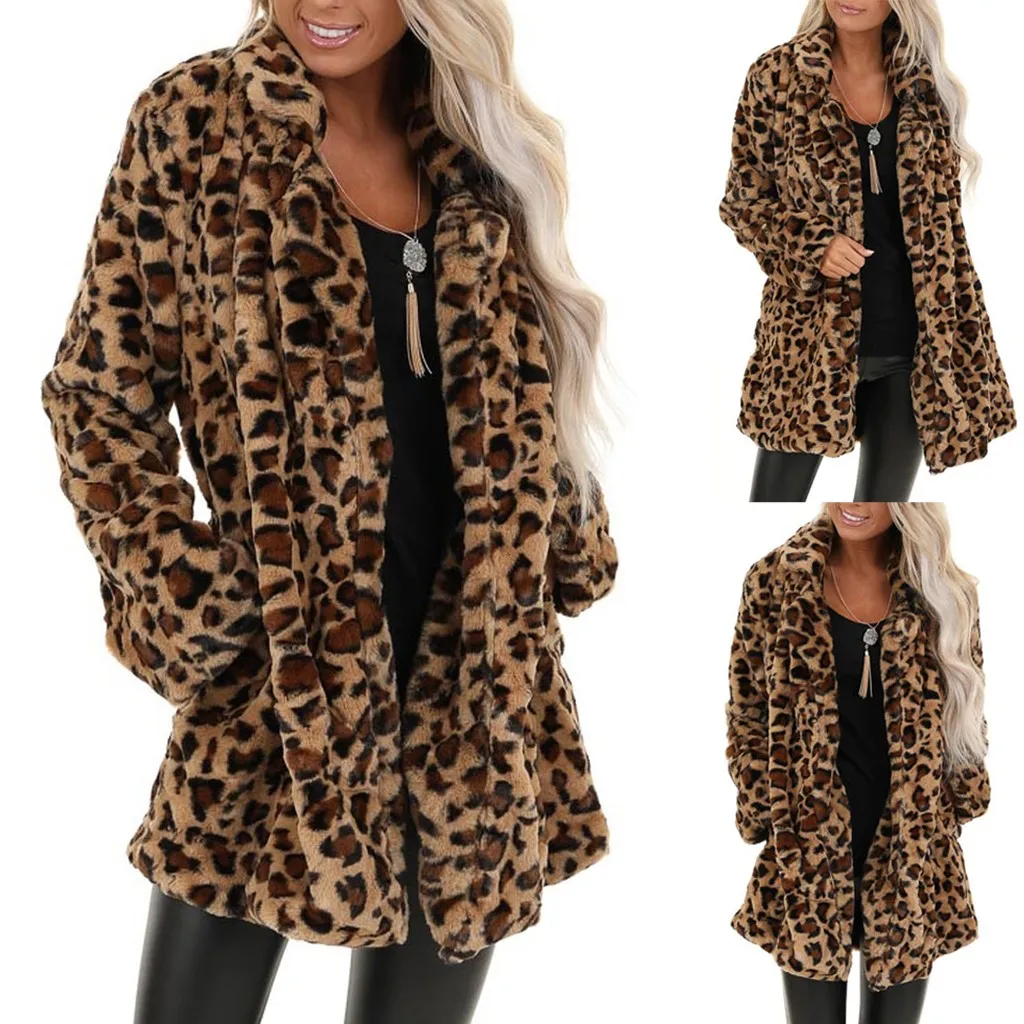 Зимнее женское пальто леопардовое винтажное пальто из искусственного меха уличное стильное длинное пальто для дам с длинным рукавом теплое плотное меховое пальто# A3