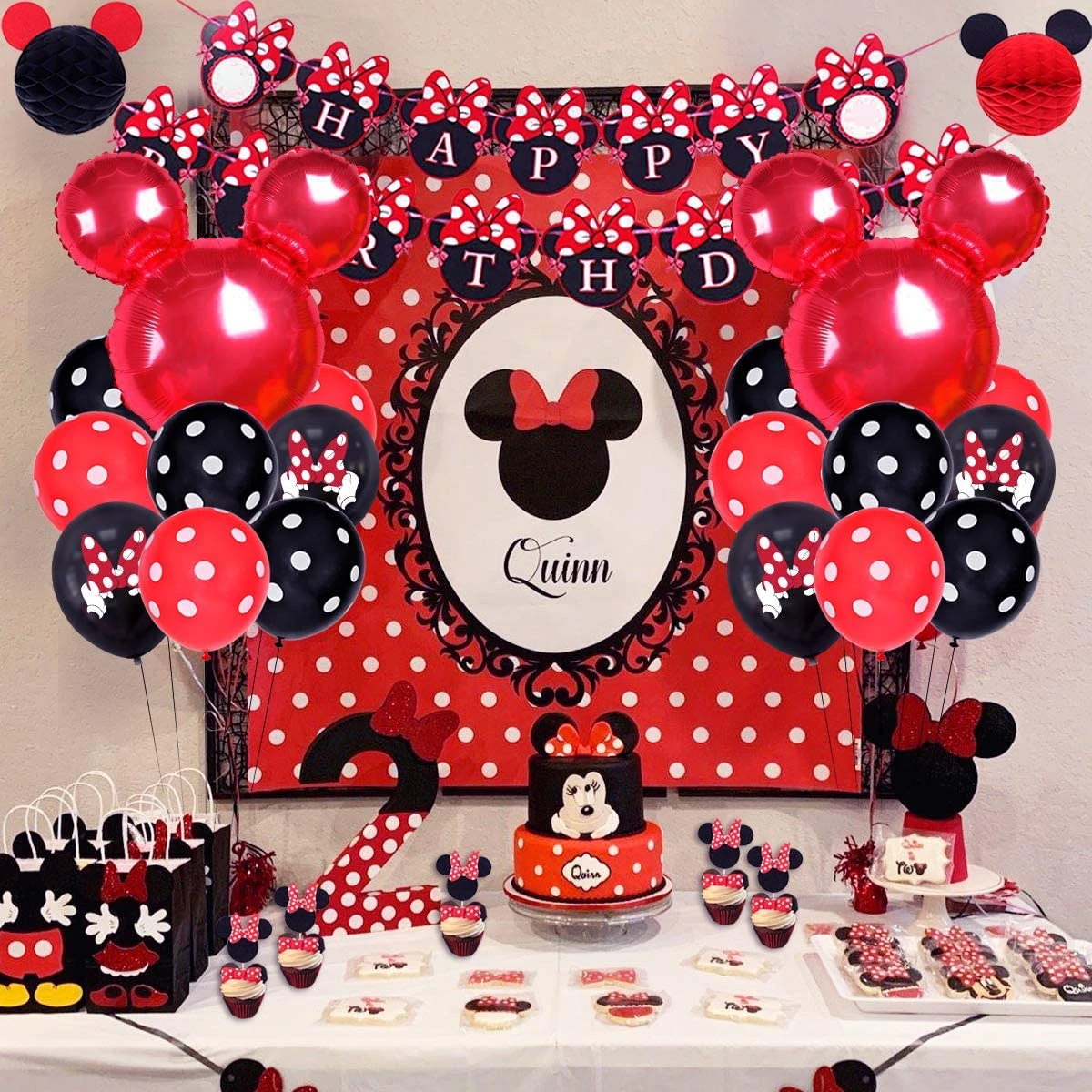 Decoración de fiesta de cumpleaños con de Minnie para niños, pancarta de feliz cumpleaños con orejas de panal Minnie, globos negros y rojos, adornos para | - AliExpress