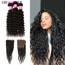 30 Inch Deep Wave Bundles With Transparent Lace Closure Brazilian Curly Human Hair Deep Water Wave 3 Bundles Weave with Closure