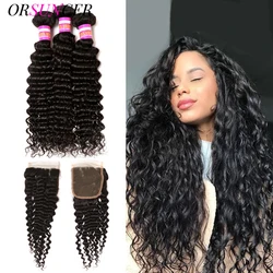 30 Inch Deep Wave Bundles With Transparent Lace Closure Brazilian Curly Human Hair Deep Water Wave 3 Bundles Weave with Closure