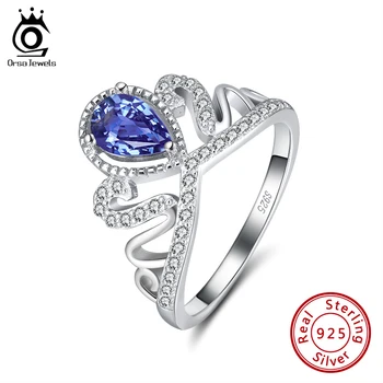 

ORSA JEWELS Newest Princess Crown Rings 925 Silver Elegant Blue Zircon Rings Unique Personality Ring Valentine Day Jewelry SR199