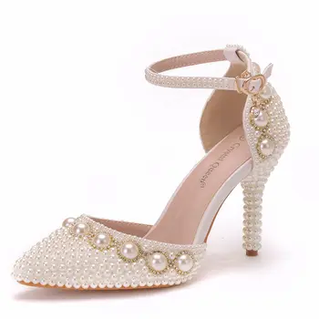 

Crystal Beading White Wedding Shoes Bride Female Thin High Heels Shoes Woman Diamond Princess Party Shoes Sandals Shoes B0050