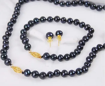 

Free shipping Wholesale price +pearl set 7-8mm black pearl necklace, Bracelet, earrings