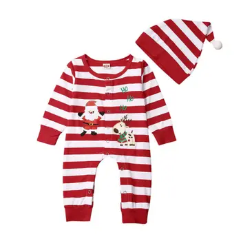 

My First Christmas Newborn Baby Boy Girl Clothes Autumn Long Sleeve Button Striped Romper+Hat Xmas Outfits