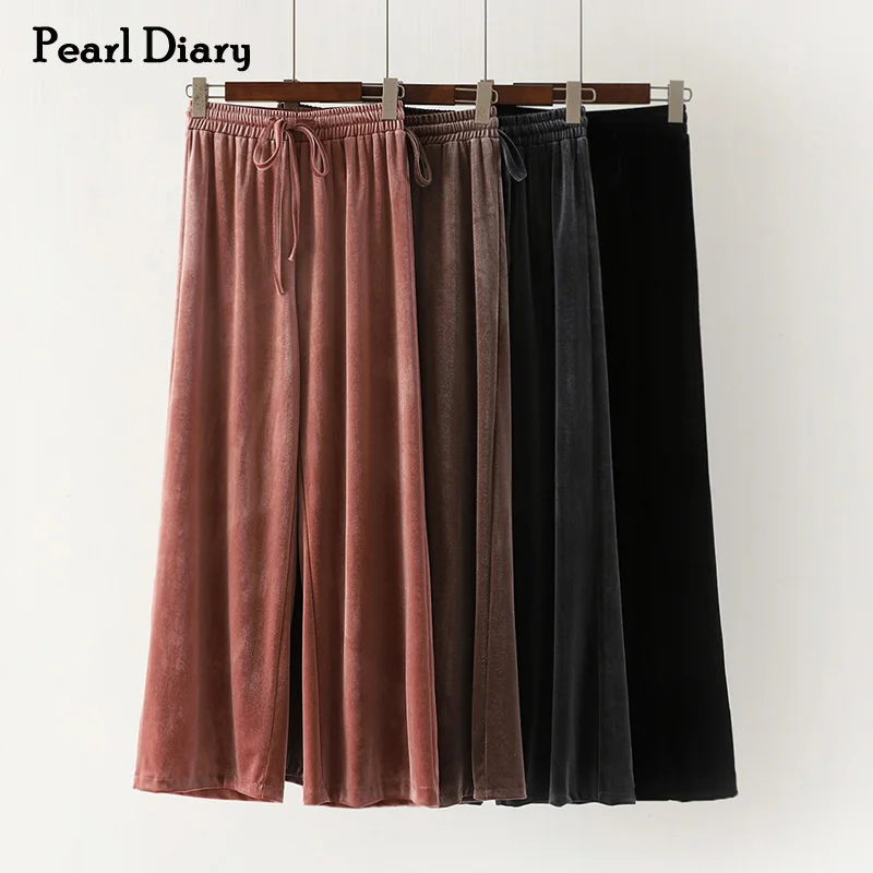 Pearl Diary Velvet Trousers Women Spring Autumn High Waist Elastic Drawstring Straight Leg Soft Casual Outerwear Long Pants pearl diary dagboek katoen korte broek elastische tailleband trekkoord culotte korte tie voor taille wijde pijpen casual solid