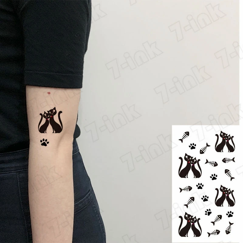 Waterproof Coupl Black Cat Paw Fish Bones Art Tattoo Fake Flash Tatto For Man Women|Temporary Tattoos| - AliExpress
