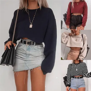 

2019 New Fall Women Long Sleeve Hoodies Sweatshirt Jumper Sweater Crop Tops Coat Sports Pullover O-neck Cotton Loose Top Outwear