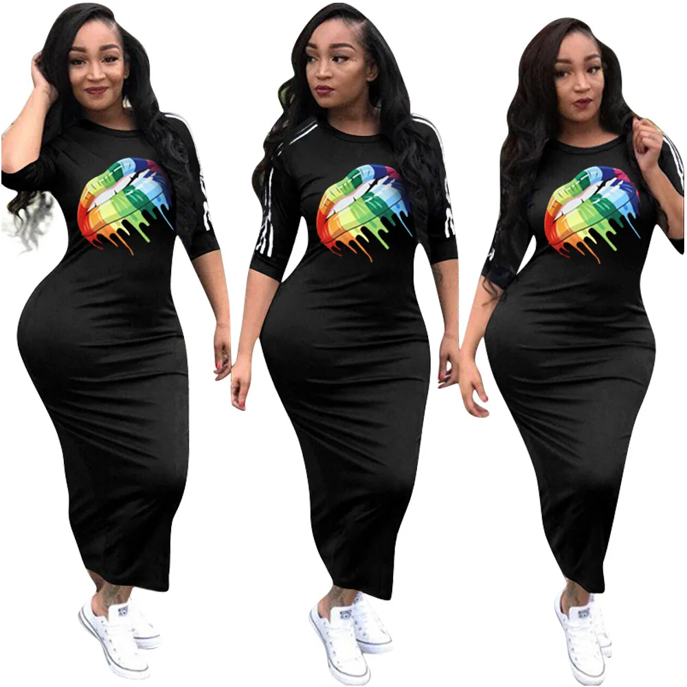 

Casual Women's Bodycon Dress Summer Fashion Multicolor Rainbow Lips Offset Waist Hip Dinner Dresses for Women Vestidos Mujer