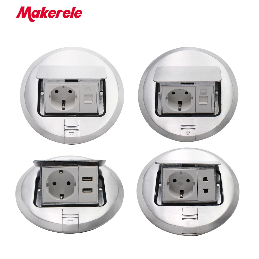 

EU Standard Floor Socket Round shape Pop Up Outlet Box with rj45 net/phone/USB connector aluminium alloy panel Makerele