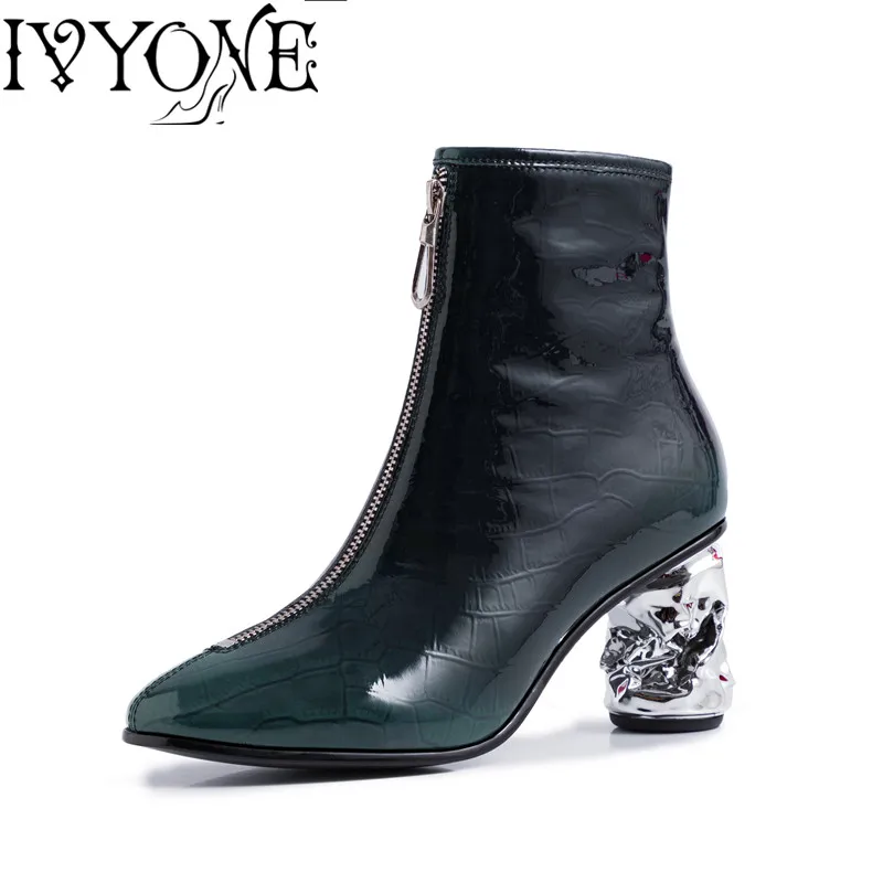 

Bling Patent Leather Women Boots Inner Pigskin Pointed Toe Crystal Strange Heel Sexy Women Pumps High Quality Party Office Lady