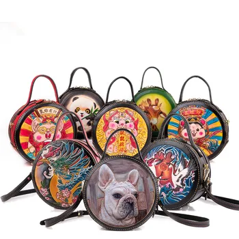 

Handmade Vintage Women Vegetable Tanned Leather Handbags Lady Circular Cow Leather Bag Carving Giraffe Pandad Crane Phoenix Bags