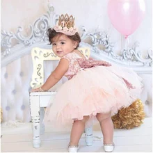 Розовое платье принцессы с открытой спиной и золотым бантом для маленьких девочек; платье для крещения, крещения, первого дня рождения; подарок для новорожденных; платье-пачка для маленьких девочек