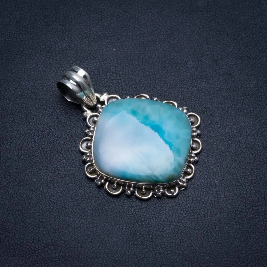 

Natural Caribbean Larimar Handmade Unique 925 Sterling Silver Pendant 1.75" U0808