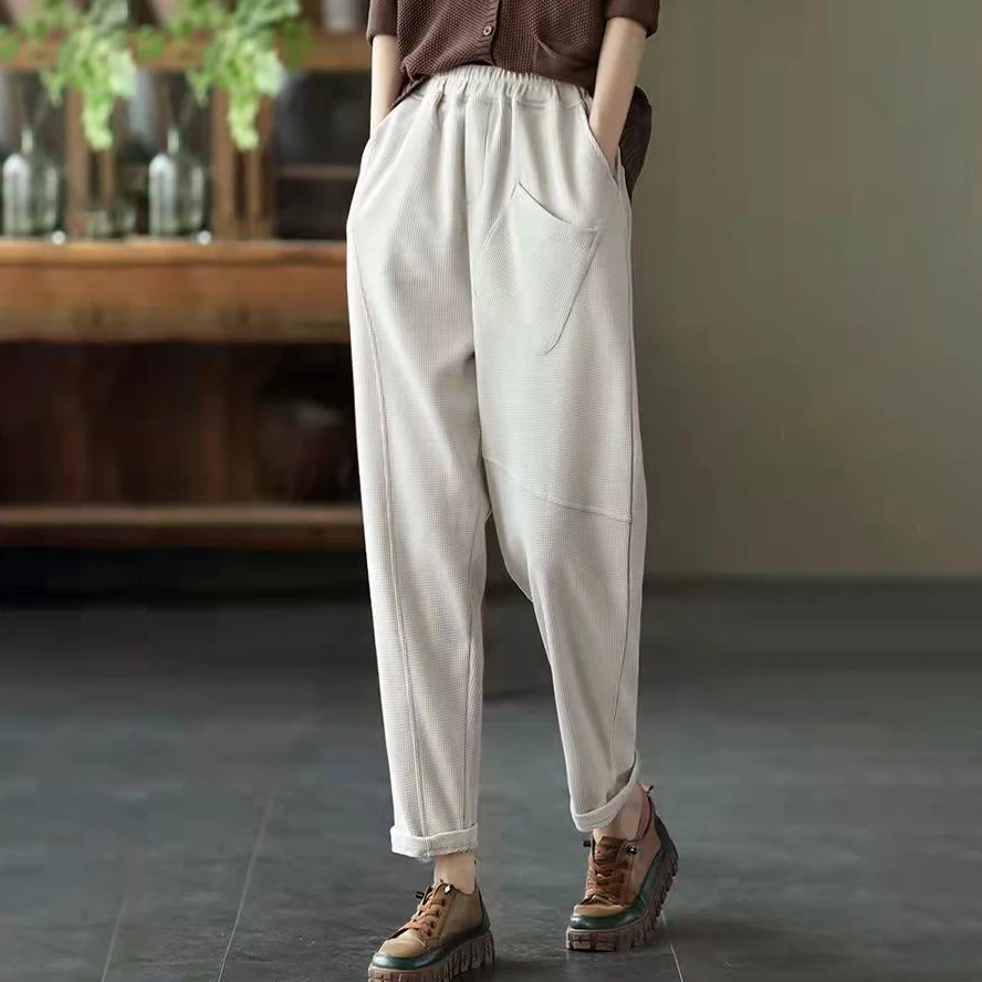 black capri pants Spring and autumn new style retro literary elastic waist thinner harem pants casual cotton knitted trousers  women sweatpants palazzo pants