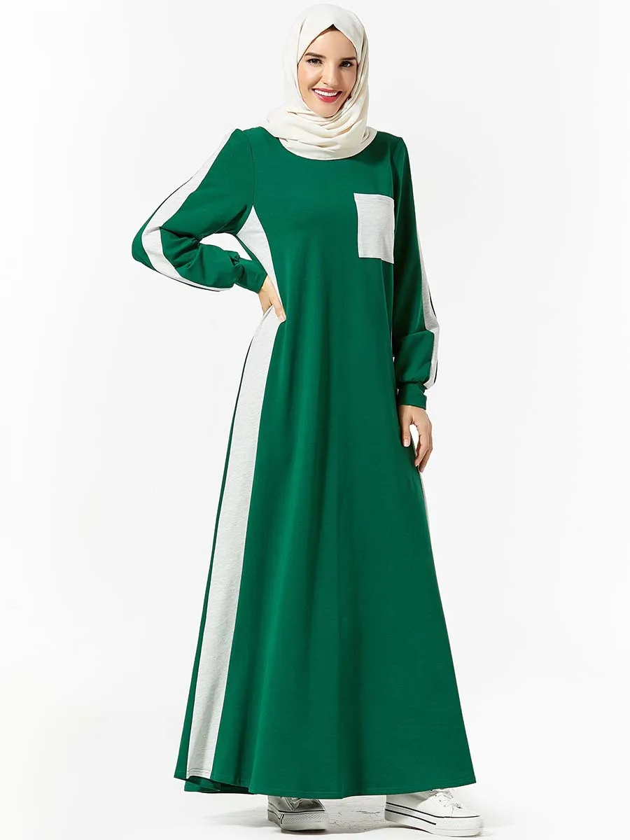 Повседневная мусульманская Спортивная Толстовка размера плюс, абайя, женское винтажное исламское платье-кафтан, арабское свободное платье с длинными рукавами и карманами в стиле пэчворк - Цвет: Зеленый