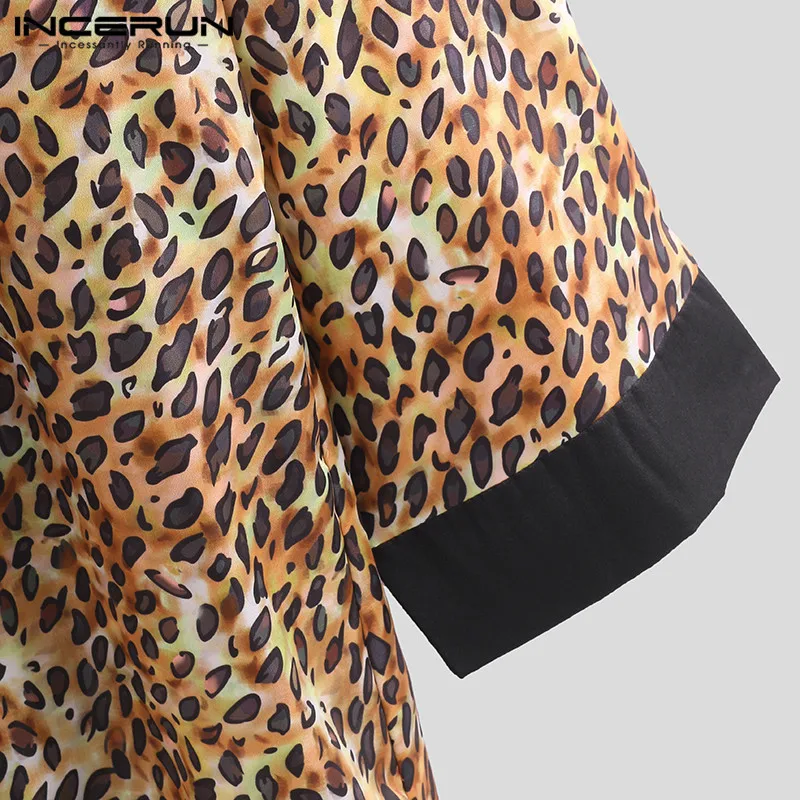 INCERUN Модные леопардовые мужские халаты наборы сексуальные пижамы свободные халаты с длинными рукавами удобная домашняя одежда шорты мужские пижамы наборы