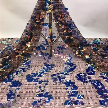 

Wholesale price african sequins blue lace fabric 5 yards per lot french lace fabric with sequins big party dress lace FRW-90