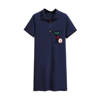 

Women's Clothing Sport Shirt Dress 2020 Spring Summer New Short Sleeve Turndown Collar Blue Green Loose Cherry Polo Collar Dress