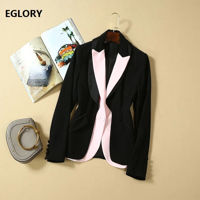 

High Quality Blazer Jacket 2019 Autumn Casual Blazer Coat Women Pink Color Block Single Button Long Sleeve Fashion Blazer Ladies