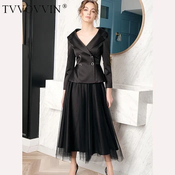 

TVVOVVIN 2020 New Spring Summer Solid Color V-neck Double Breasted Coat And A-line Mesh Temperament Loose Skirt Women PD826