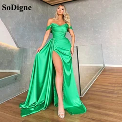 SoDigne Simple Satin Simple Prom Dress Side Slit Women Formal Evening Gowns Off The Shoulder Pleat Elegant Party Dress