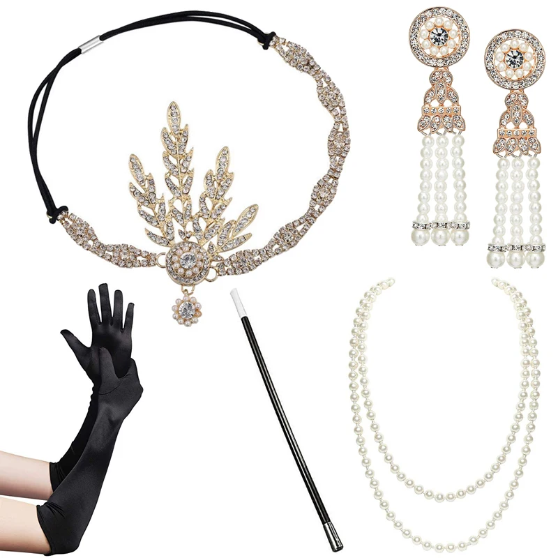 1920s Great Gatsby Accessories Set for Women 20s Costume Flapper Headband Pearl Necklace Bracelet Earring Cigarette Holder ladies halloween costumes Cosplay Costumes