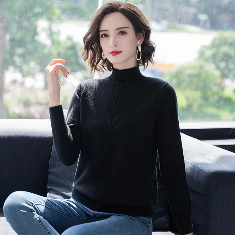 Autumn Winter Casual Sweaters Women Semi-high Collar Thickened Long Sleeved Loose Sweater Pullover Solid  Thick Knitted Winter