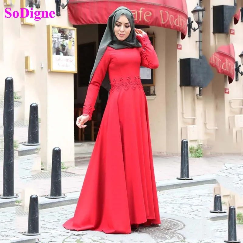 

SoDigne Muslim Satin Evening Dresses High Neck Long Sleeves Lace Appliqued Caftan Prom Dress With Beaded Formal Party Gowns
