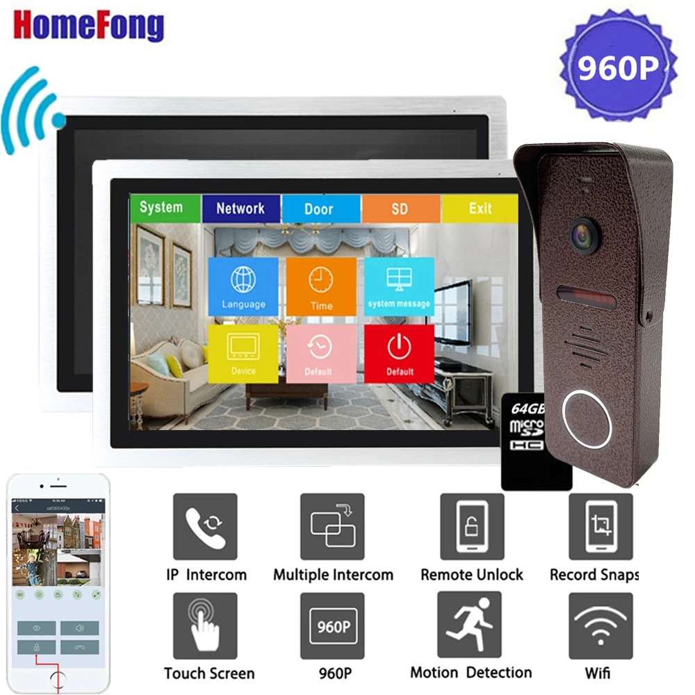 Homefong 10 Inch Wi-fi Video Door Phone Doorbell Intercom 720P Touch Screen Home Intercom System Unlock Record Motion Detection