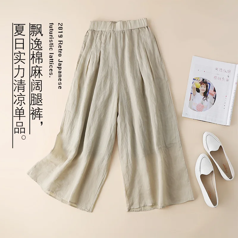 

Autumn Solid Color Pockets Loose Pants 2019 New Women Vintage Elastic Waist Ramie Linen Wide Leg Full Length Pants