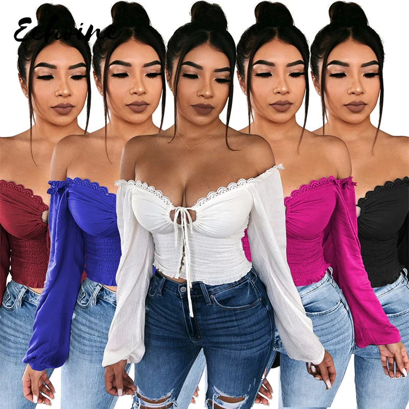 

Women Autumn Solid Color Off Shoulder V-neck Long Sleeve Short Top Fashion Streetwear Bohemian Vintage Blouse Plus Size XL