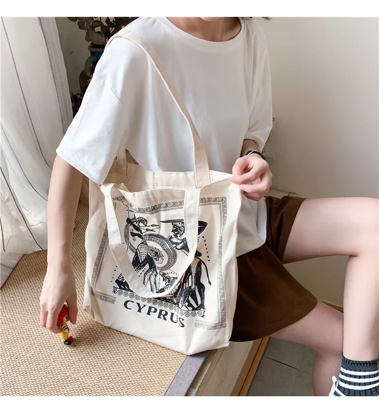 Женская Холщовая Сумка на плечо для девочек, винтажная Хлопковая сумка для покупок, греческая иллюстрация, простая Эко сумка, сумки