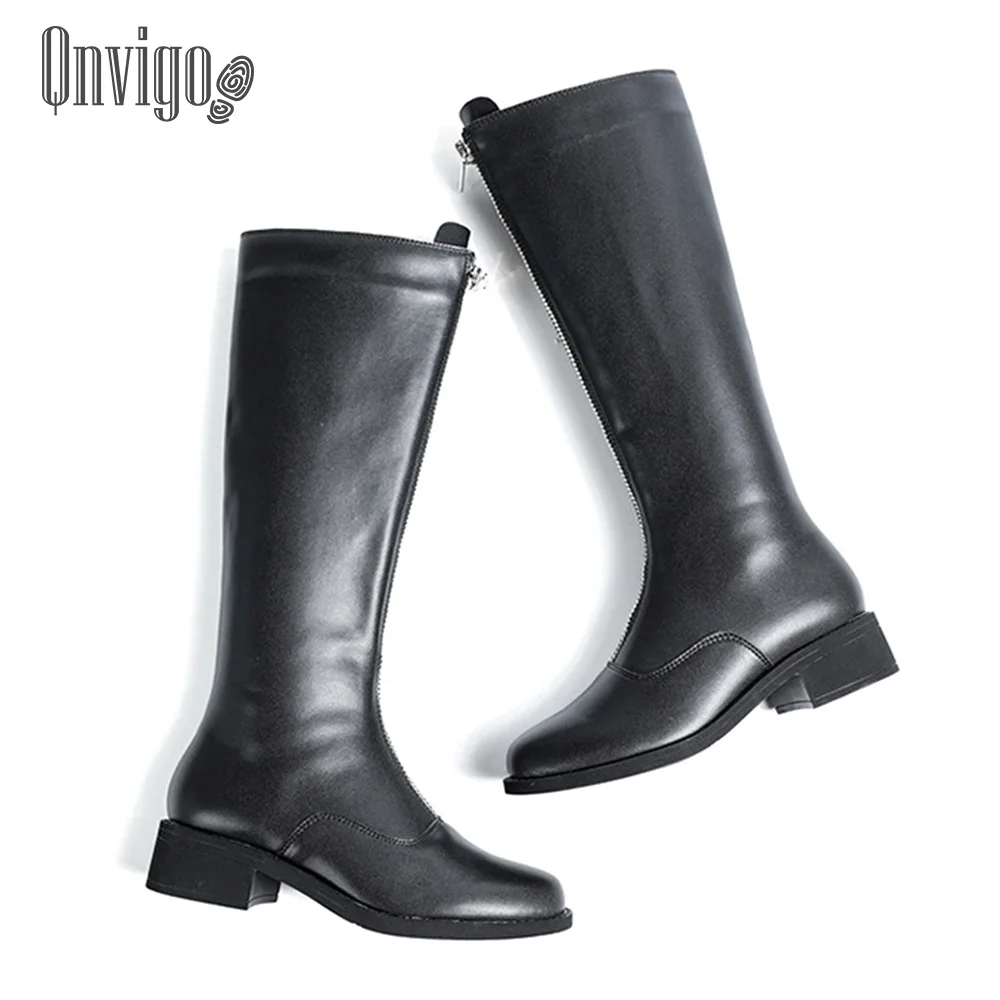 

Qnvigo Women Boots Knee High Jeans 34-41 Size Pointed Mid Heel Zip With Fur Casual Shoes Western Boots Cowboy Leather Boot Hot