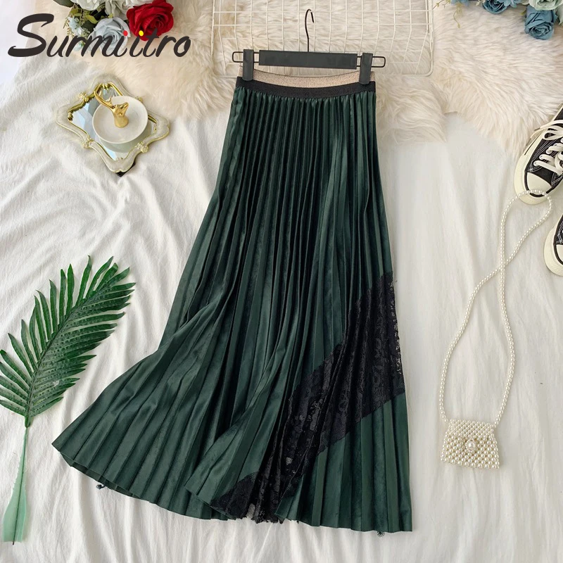 Женская макси бархатная юбка с кружевным пэчворком SURMIITRO, зеленая черно-белая расцветка длинная плиссированная юбка с завышенной талией в корейском стиле для женщин осень зима