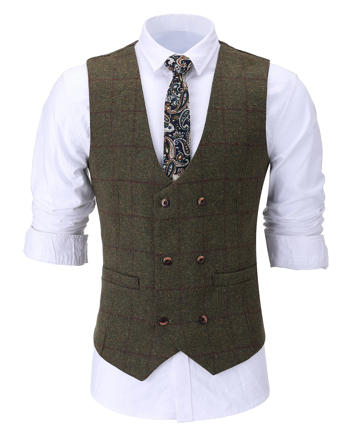 Mens Formal Casual Business Vest Suit Slim Prom Double-Breasted Plaid Waistcoat