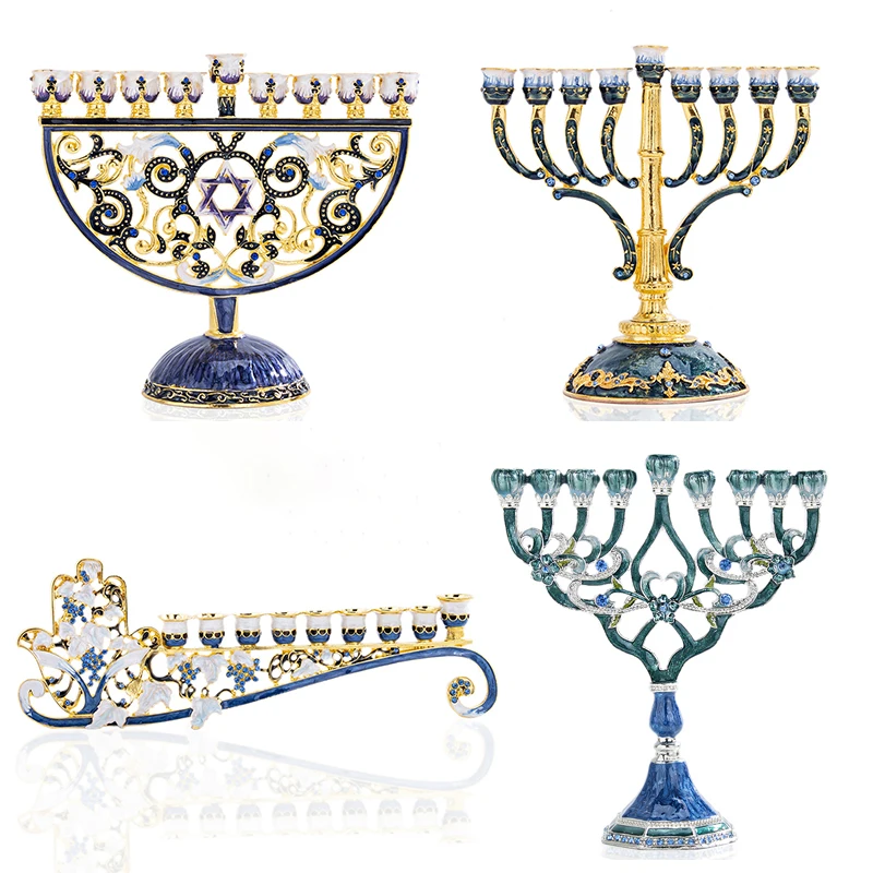 4 Styles Hand Painted Enamel Floral Hanukkah Menorah Candlestick 9