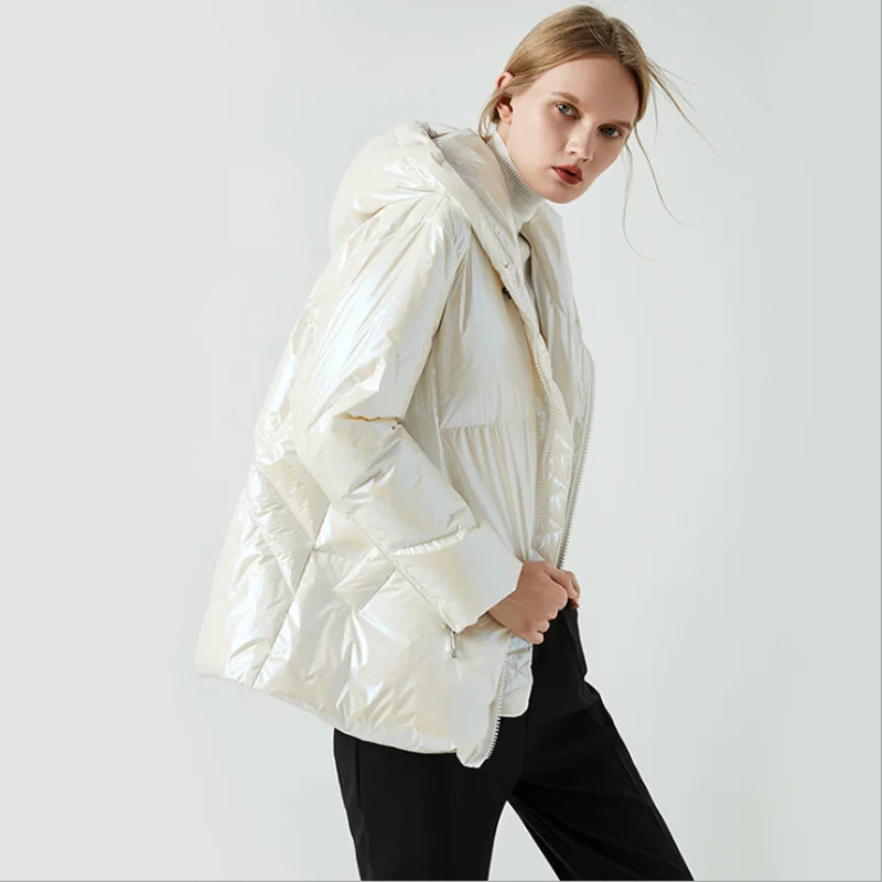 women winter new style down jacket fashionable hooded white duck down clothes thickened coat short style warm shiny coat
